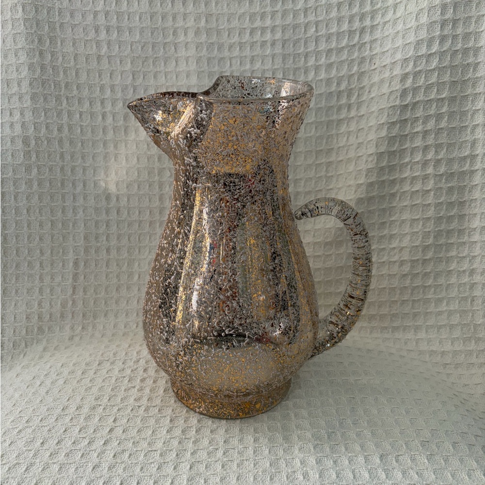 MCM West Virginia Glass Co. Gold & White Splatterware Pitcher Applied Handle